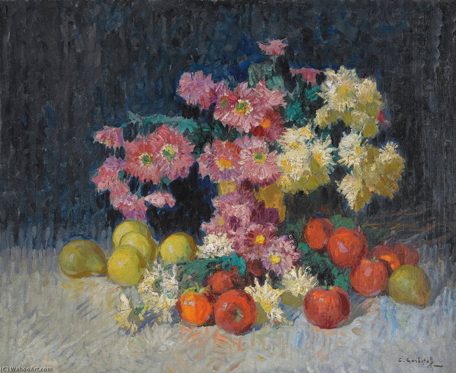 油畫 静物 用鲜花 和 水果通过Konstantin Ivanovich Gorbatov (1876 