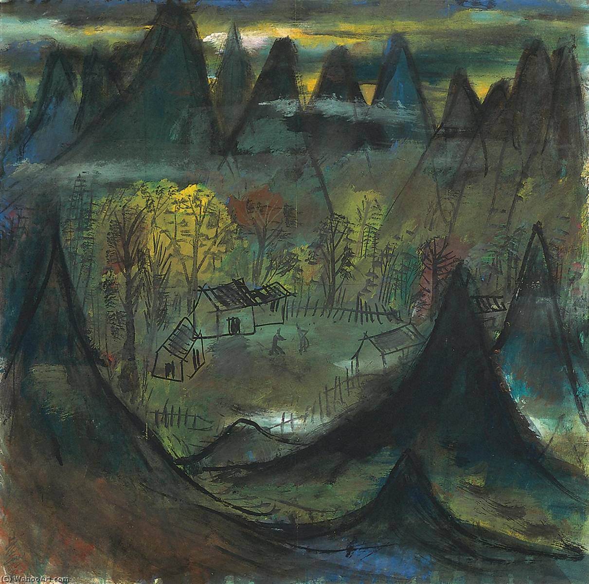 Bestellen Kunstreproduktionen Dorf in Bergen von Lin Fengmian Flying Geese  Over The Lotus Pond (Inspiriert von) (1900-1991, China) | ArtsDot.com, image size:1211x1200