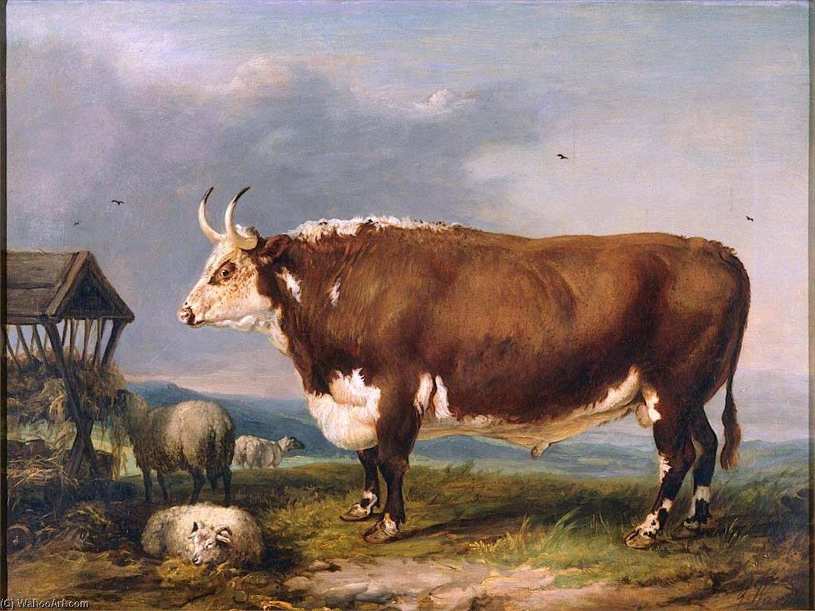 Oil Painting Replica Hereford Bull with Sheep by a Haystack by James