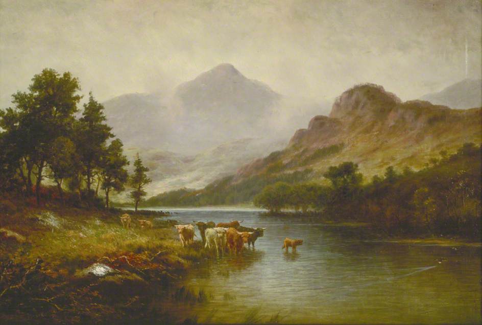 Highland Cattle In A River Landscape — William Glover