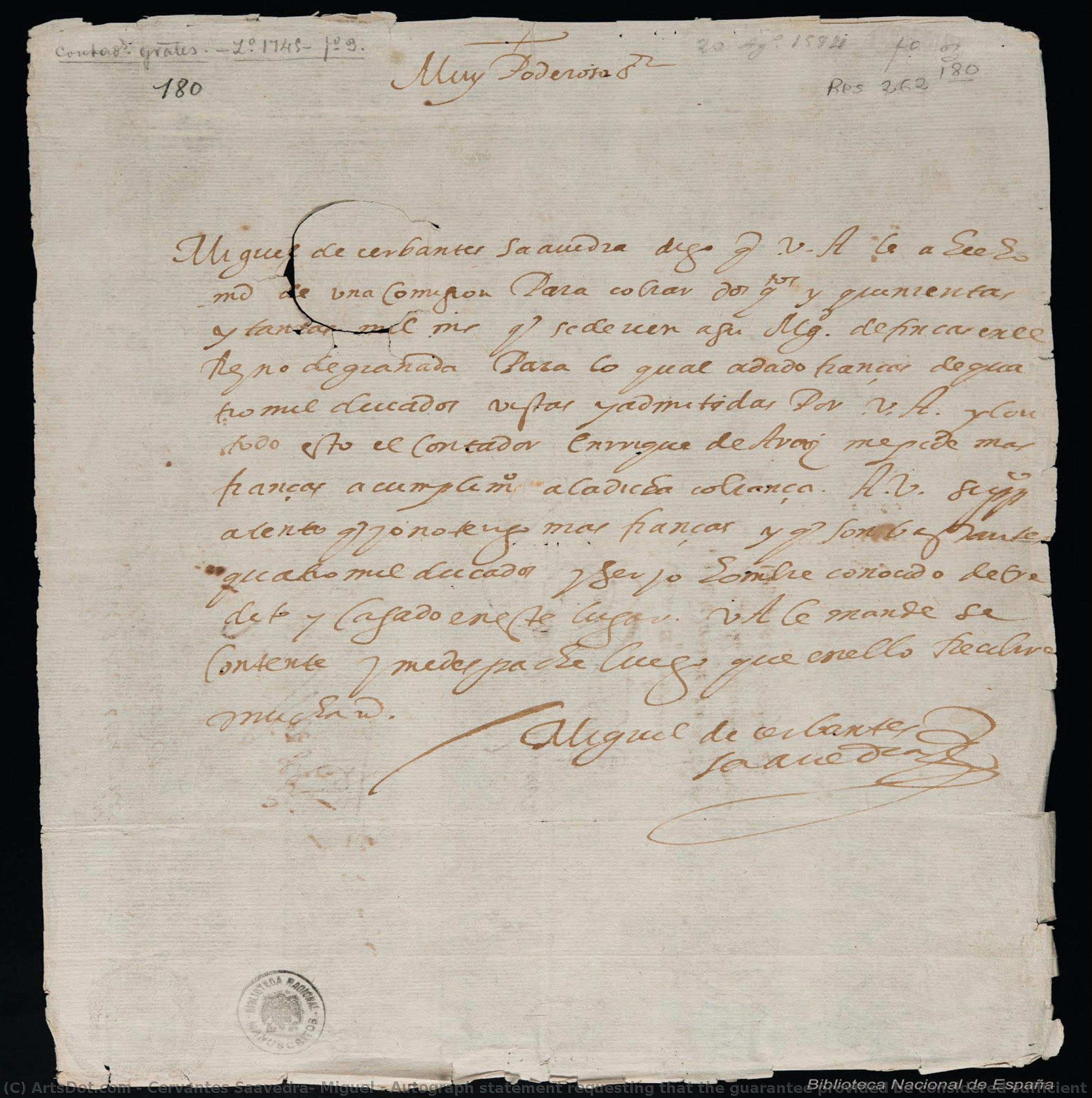 Autograph Statement Requesting That The Guarantee Provided Be Considered Sufficient (biblioteca Nacional De España)\n\n[page 1] — Cervantes Saavedra, Miguel