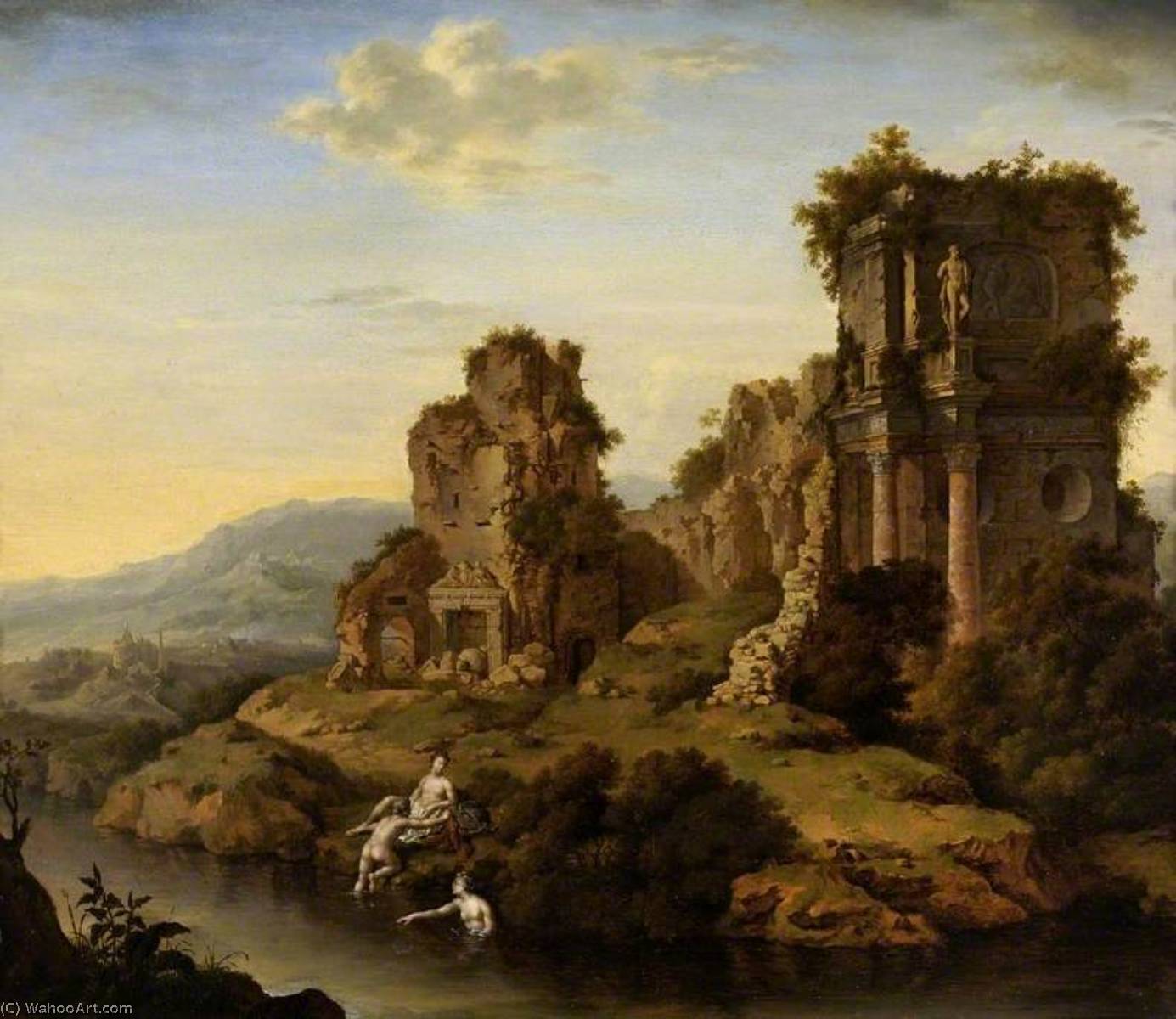 Landscape With Ruins, Nymphs Bathing — Willem Van Mieris