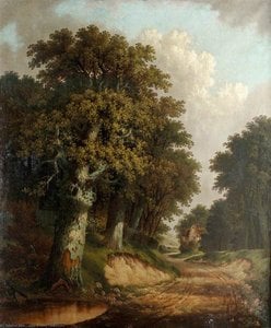 Landscape With Trees, Cottage, Winding Lane And Pond — John Berney Ladbrooke, Norwich School