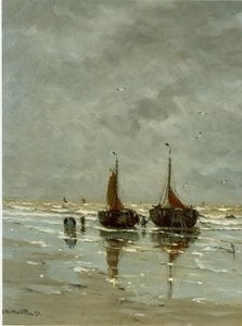 Bommen en vissersvolk op het strand