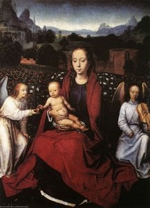 Virgin And Child In A Rose Garden With Two Angels — Hansas Memlingas, Northern Renaissance