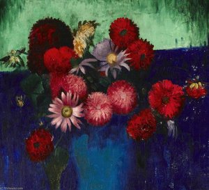 Still Life, Dahlias And Daisies In A Blue Vase