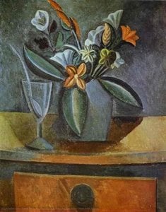 Flowers In A Grey Jug And Wine-glass With Spoon — بابلو بيكاسو, Cubist Still Life