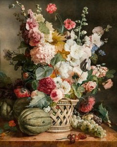 Fruit And Flowers In A Willow Basket — Antoine Berjon, 18th Century Still Life