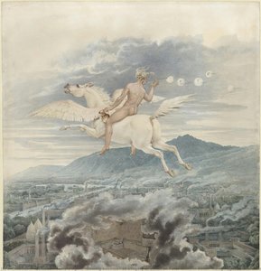 Figura femenina (soplando burbujas), como alegoría de Christian Peter Wilhelm Beuth, montando Pegaso sobre una ciudad industrial