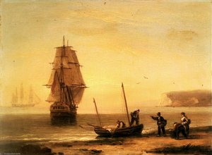 Fishermen Unloading The Catch With A Merchant Ship In Calm Water Off Brymer Bay Devon — Thomas Luny
