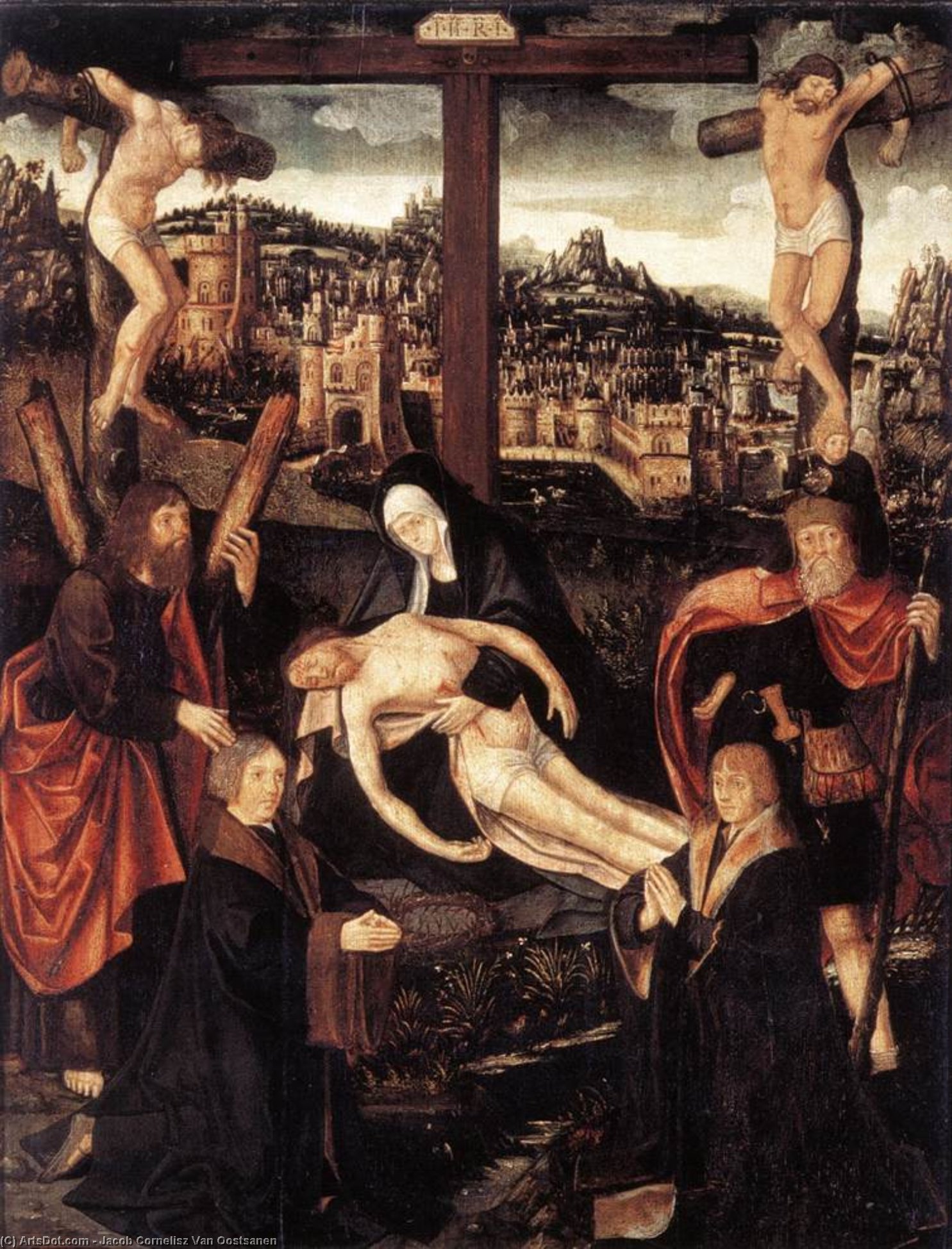 Crucifixion With Donors And Saints — Jacobas Cornelisz Van Oostsanen