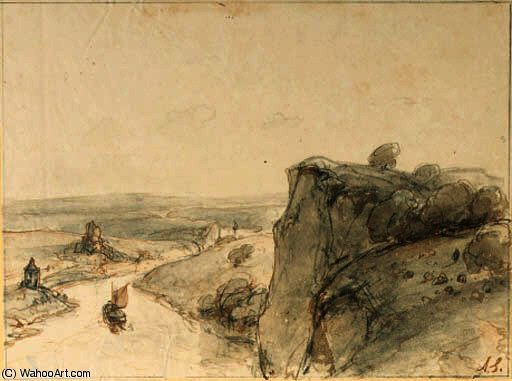Andreas Schelfhout - An extensive rocky landscape with sailing boats on a river