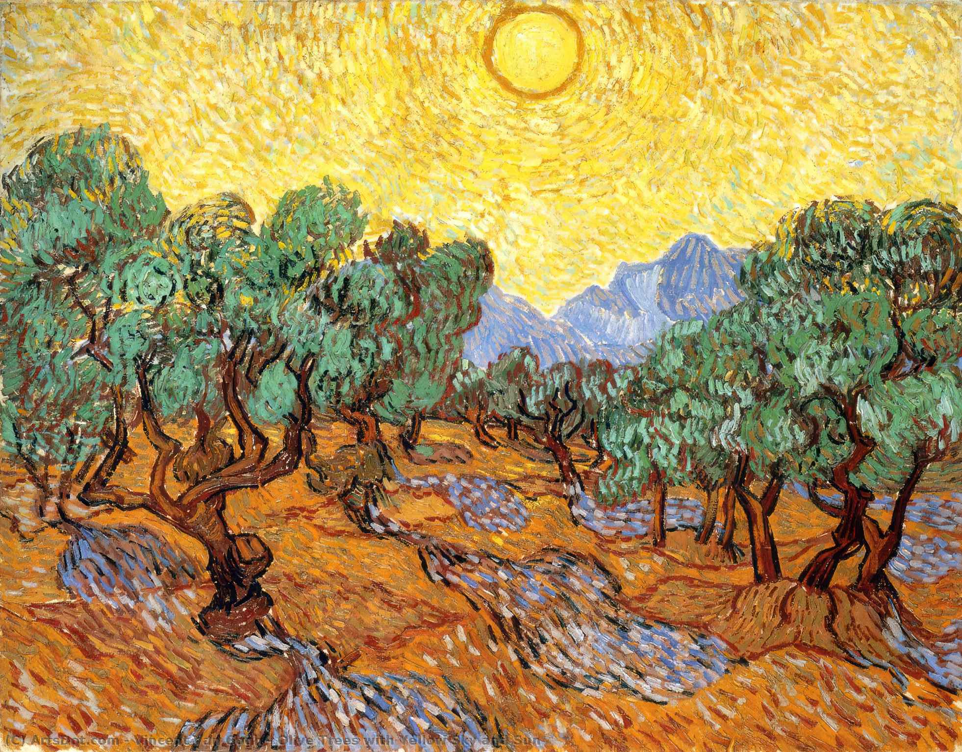 Olive Trees With Yellow Sky And Sun — Vincent Van Gog