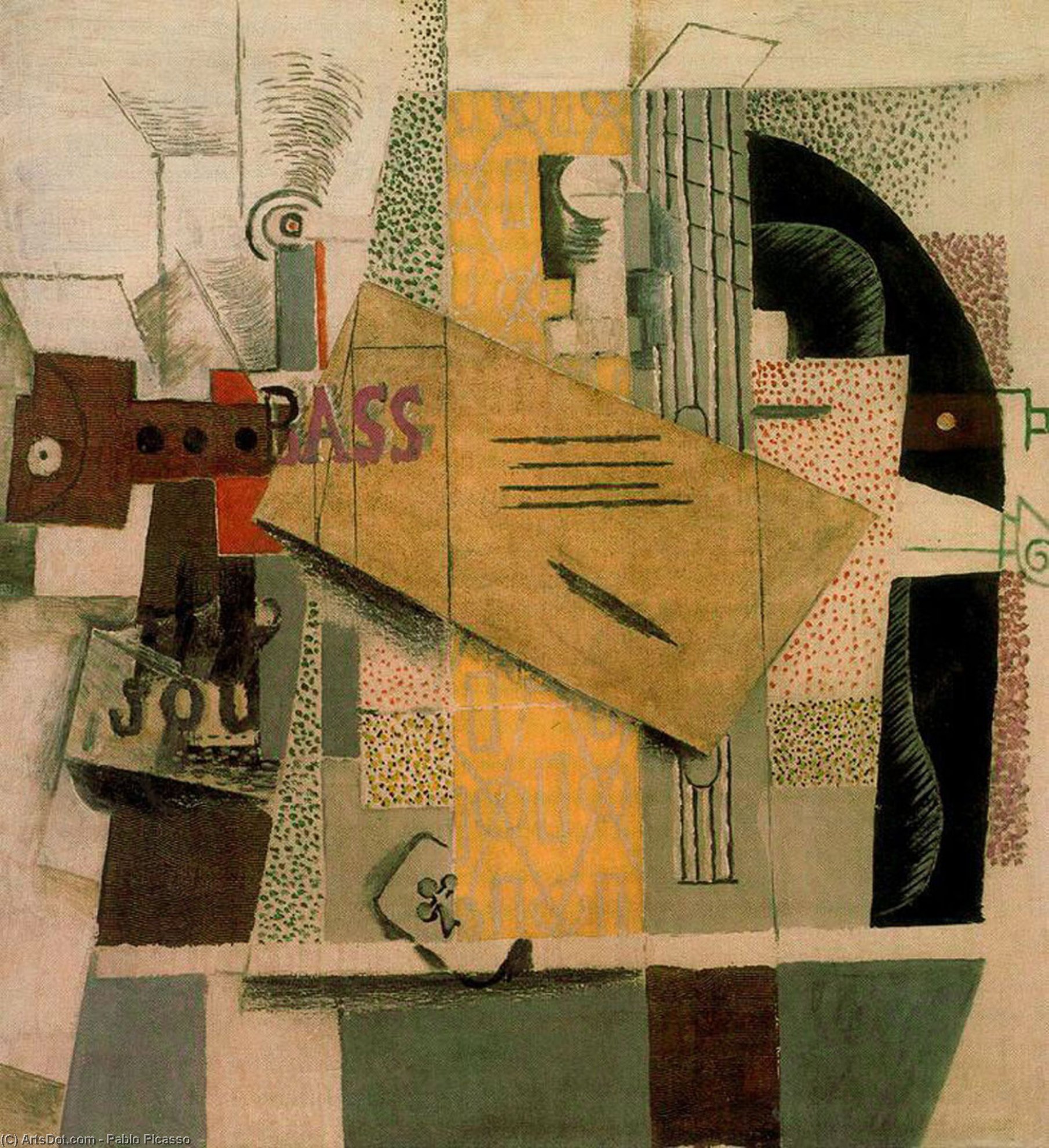 Clarinet, Bottle Of Bass, Newspaper, Ace Of Clubs — Pablo Picasso, Oil On Canvas, Cubism