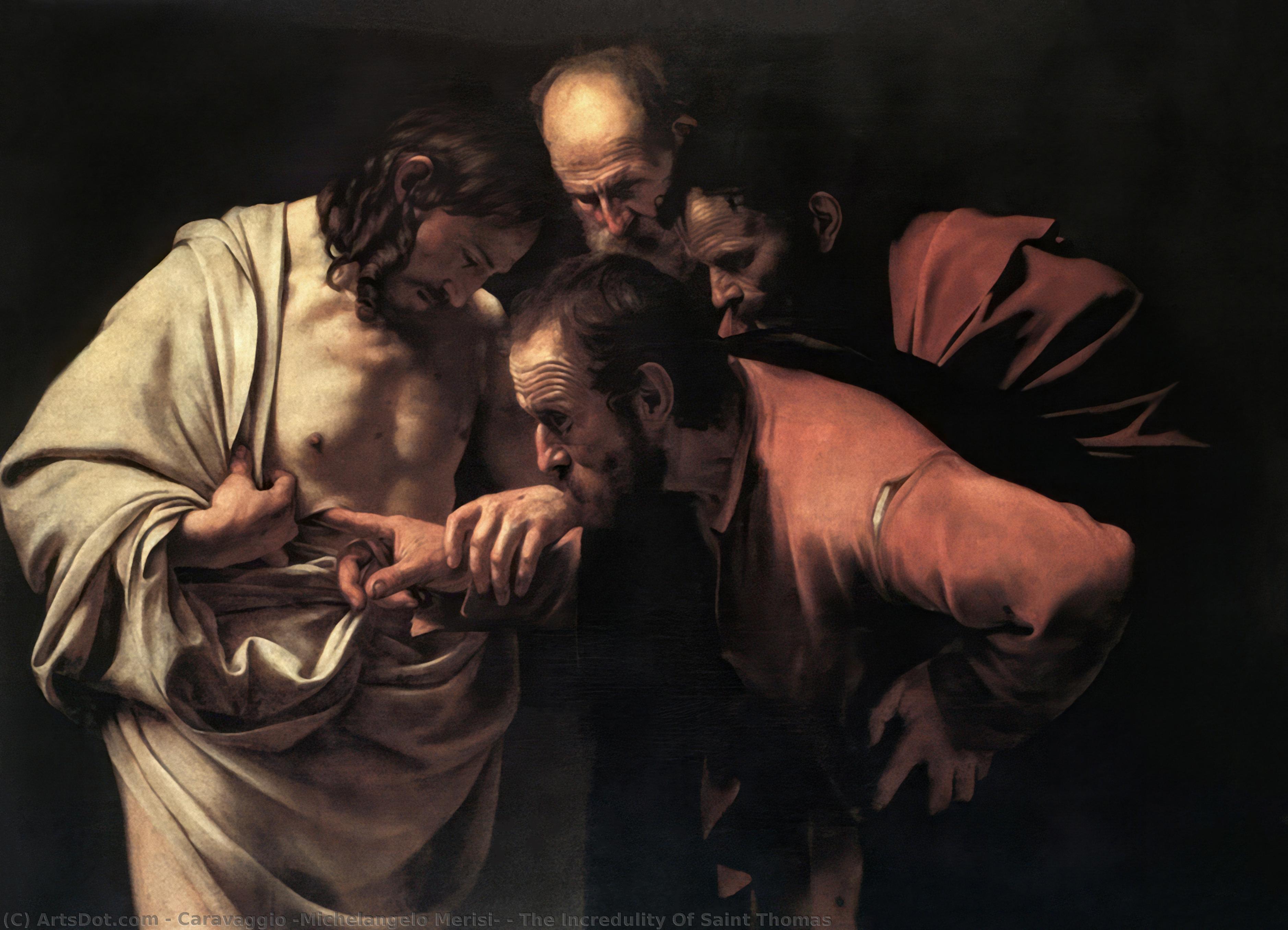 カラヴァッジョの『聖ペテロの不信』は、神様の復活を証明するために、 Doubting Apostle Thomas がキリストに触れる瞬間を描いた、バロック絵画の傑作です。この作品は、光と影の劇的なコントラスト（キアロスクーロ）と、人間の感情や心理状態を深く表現することで、見る人の心に強い印象を与えます。特に、聖ペテロがキリストの傷を触る場面は、信仰と疑念の葛藤を象徴しており、宗教絵画における革新的な作品として高く評価されています。この作品は、ドイツのポツダムにあるサンシュカイ宮殿に所蔵されており、その迫 — カラヴァッジョ