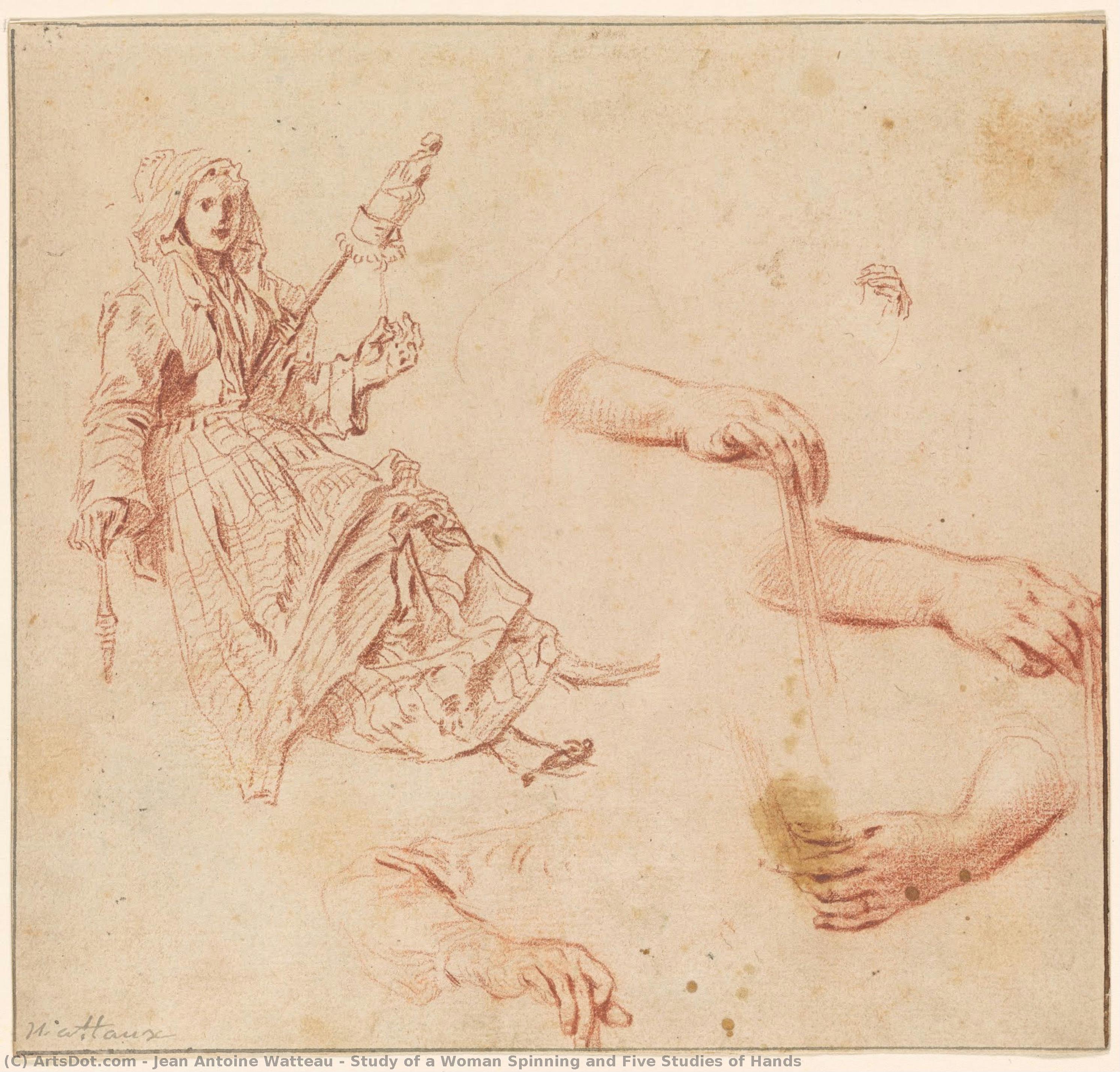 Estudio De Una Mujer Girando Y Cinco Estudios De Manos — Jean-antoine Watteau
