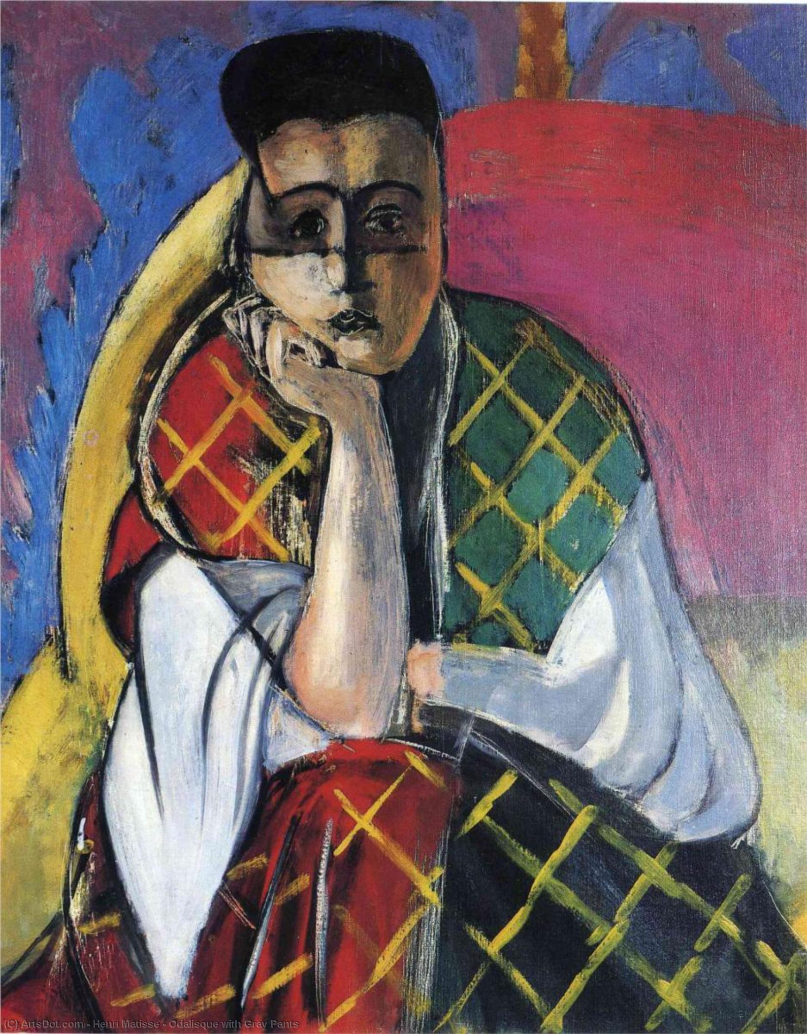 Henri Matisse 的《灰色长裤的奥黛丽丝》是一幅充满活力、色彩大胆的野兽派杰作。它以流畅的线条和鲜艳的色彩捕捉了一个宁静的人物，展现了马蒂斯的创新风格。这幅 65 X 81.3 厘米的作品体现了马蒂斯对色彩的独特运用，以及他对简化形式和动态构图的探索。作品背景中的图案并非仅仅是装饰，它们也为整体的运动感和能量感做出了贡献。马蒂斯的创作深受印象派的影响，并将其影响推向极致，创造出一种独特的个人风格，成为野兽派的标志。这幅画作的持久吸引力在于它能够唤起平静与美感，提醒我们艺术既能激发视觉刺激，又能产 — 亨利·马蒂斯