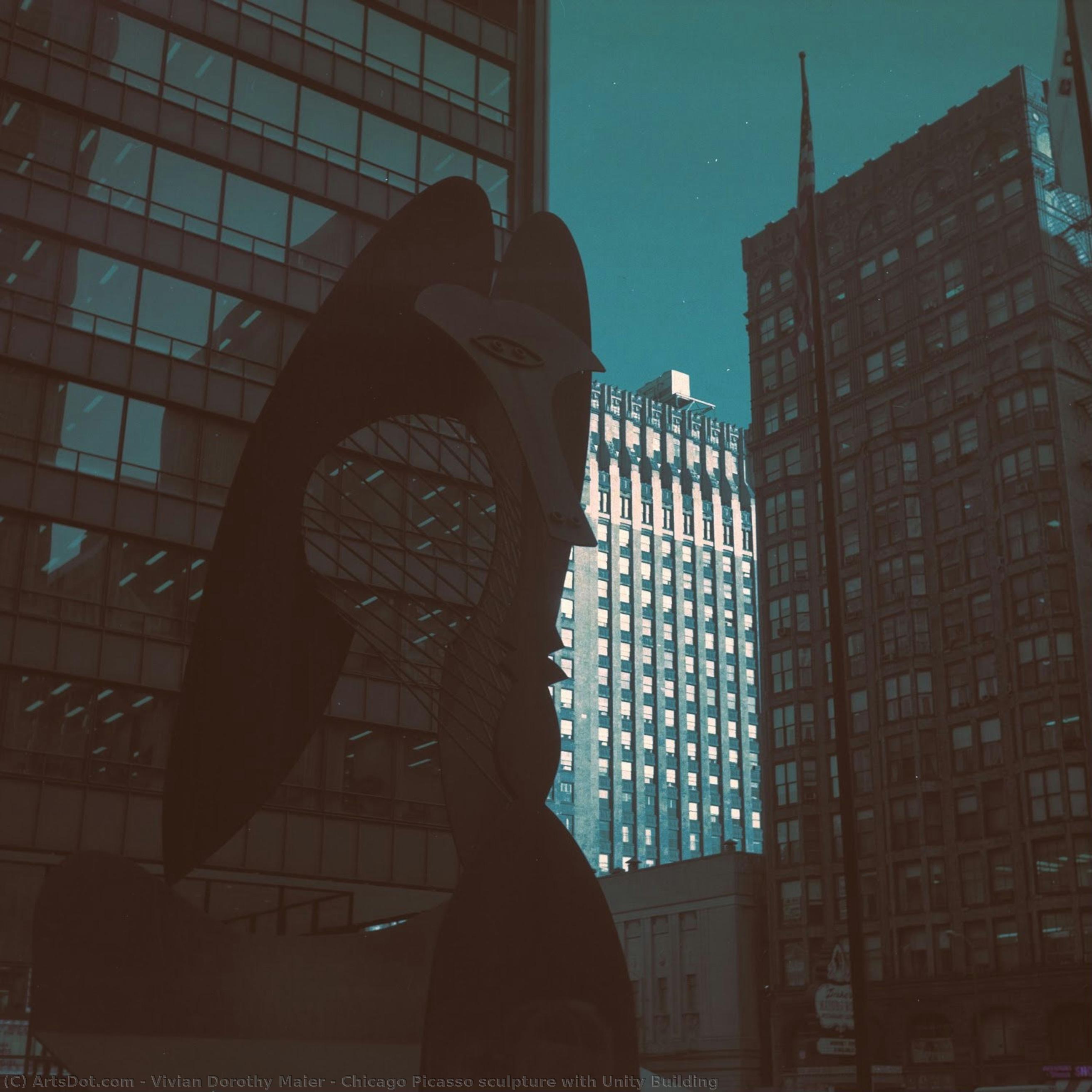 Chicago Picasso Sculpture With Unity Building — Vivian Dorothy Maier, Acrylic On Canvas, Contemporary Realism