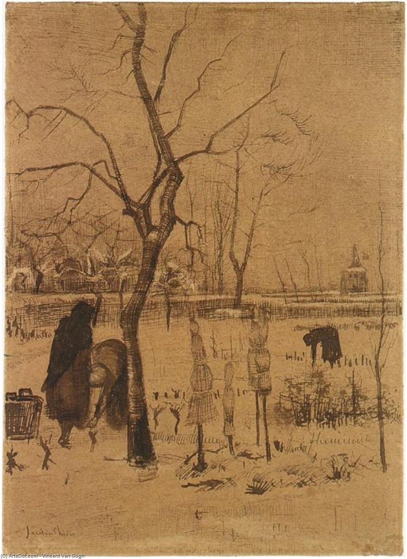 Parsonage Garden In The Snow With Three Figures — Vincent Willem Van Gogh