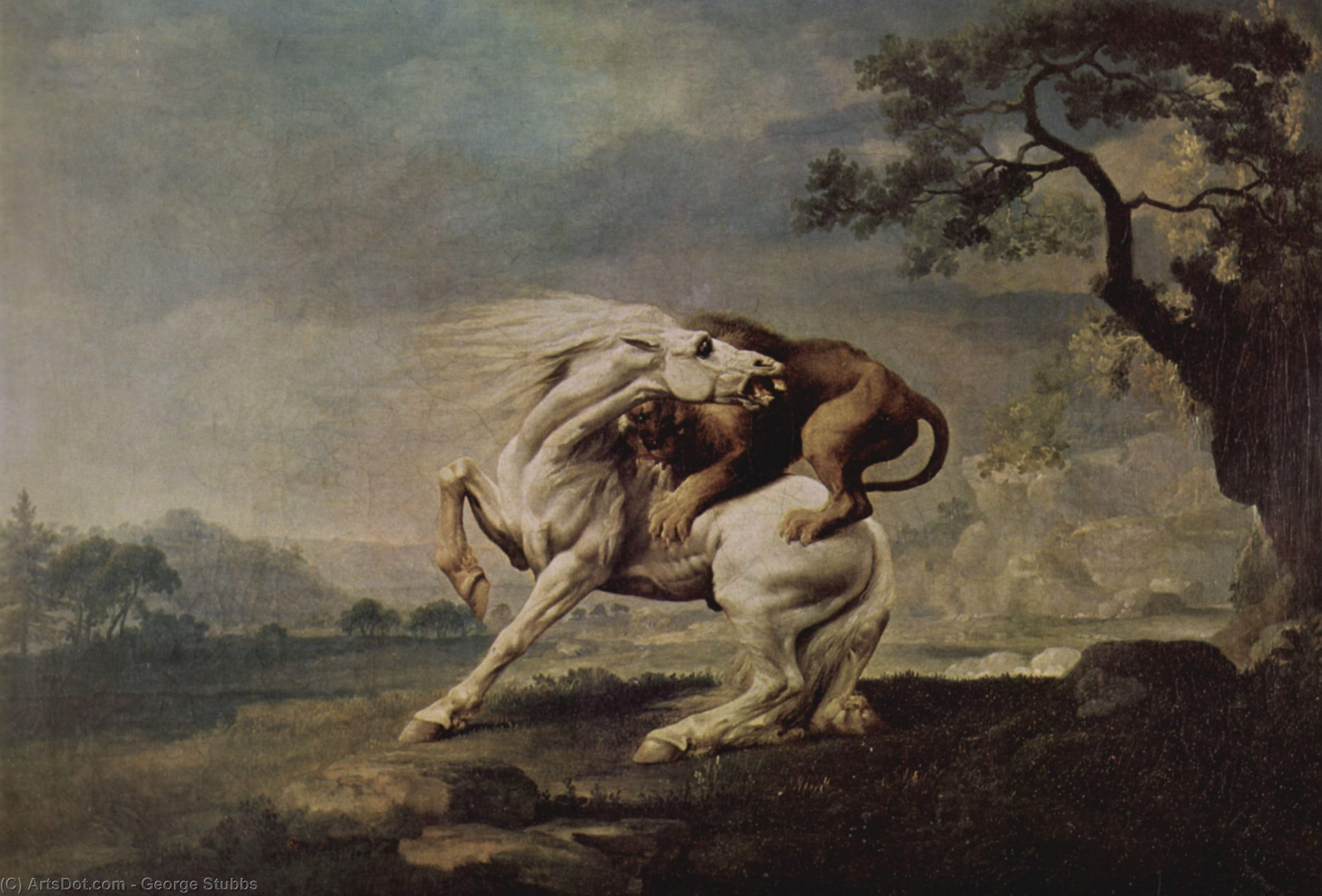 जॉर्ज स्टब्स एक नाटकीय टकराव प्रकृति में तेल चित्रकला पर कैनवास Lion Attacking A Horse 66 X 97 सेमी रोमांटिकवाद और यथार्थवाद का मिश्रण प्रकृति की दुनिया में अस्तित्व के लिए संघर्ष सिंह द्वारा घोड़े पर हमला 1765 — जॉर्ज स्टब्स