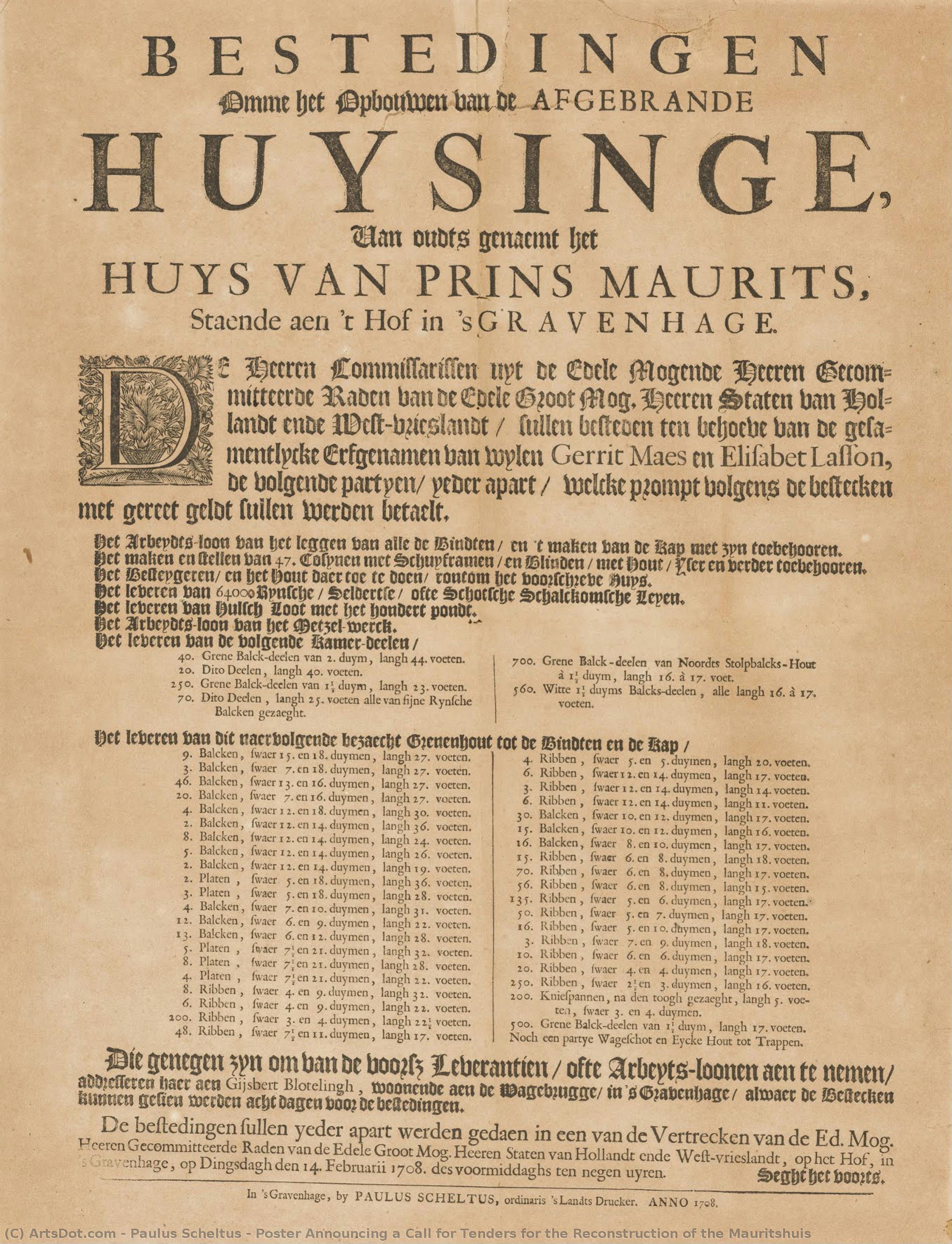 Poster Aankondiging Van Een Aanvraag Voor Tenders Voor De Herbouw Van Het Mauritshuis — Paulus Scheltus