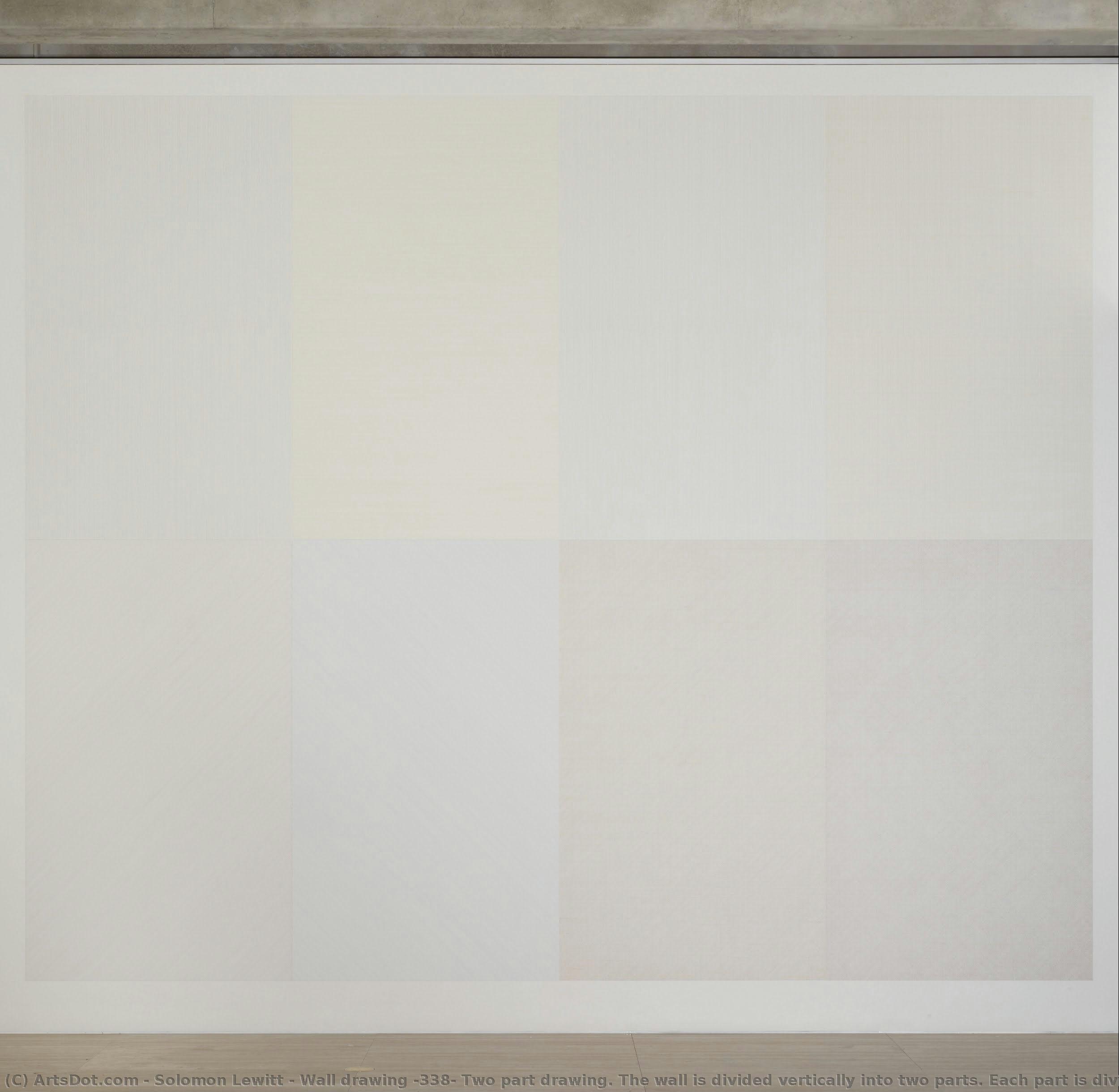 Sol Lewitt - Wall drawing #338: Two part drawing. The wall is divided vertically into two parts. Each part is divided horizontally and vertically into four equal parts. 1st part: Lines in four directions, one direction in each quarter. 2nd part: Lines in four dir....