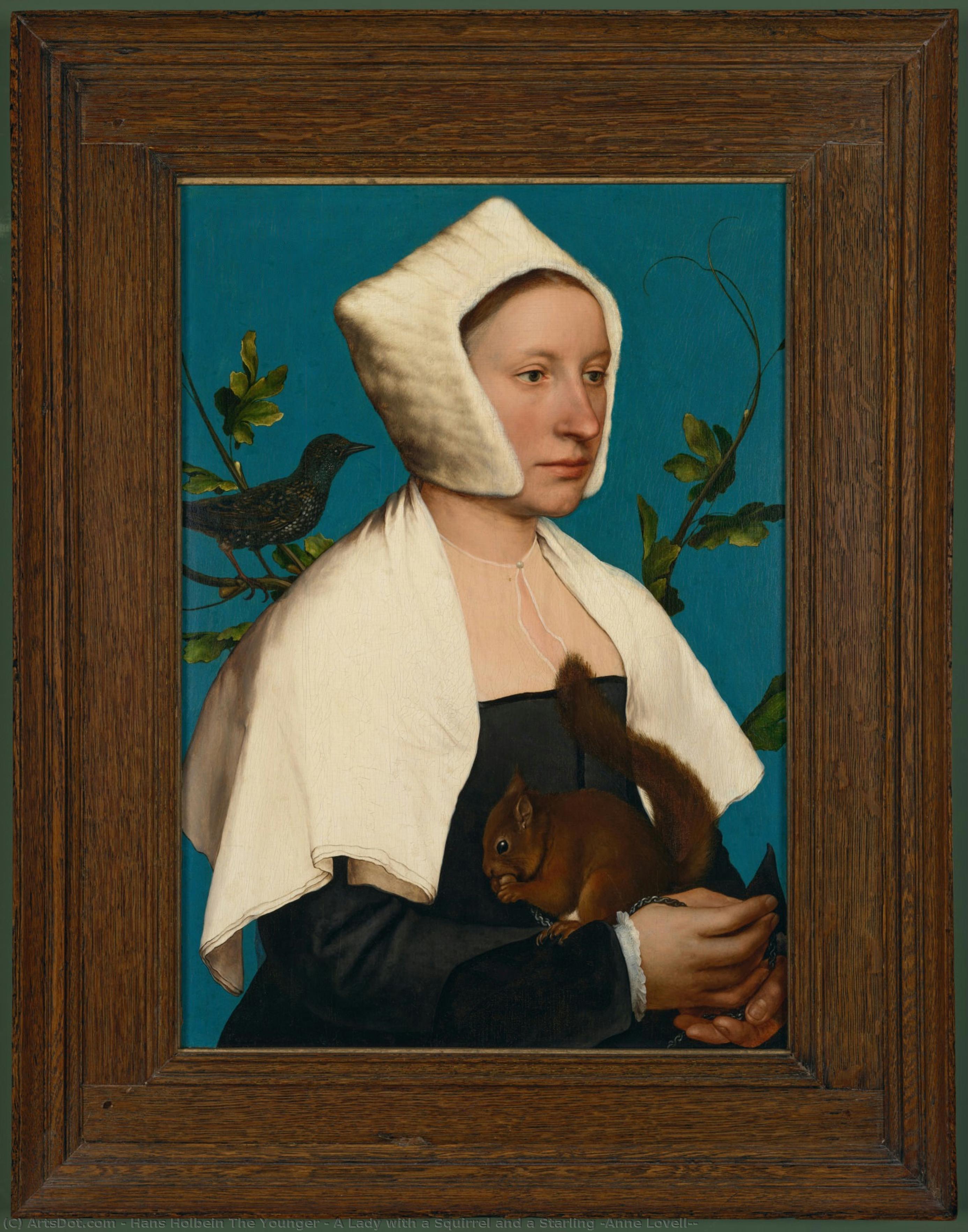 Hans Holbein der Jüngere - Eine Dame mit einem Eichhörnchen und einem Stieglitz (Anne Lovell?)