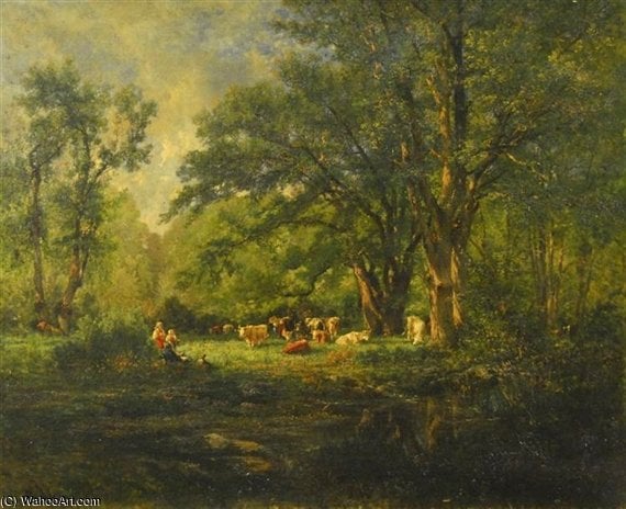 alexandre rene veron - Cows And Figures In A Landscape