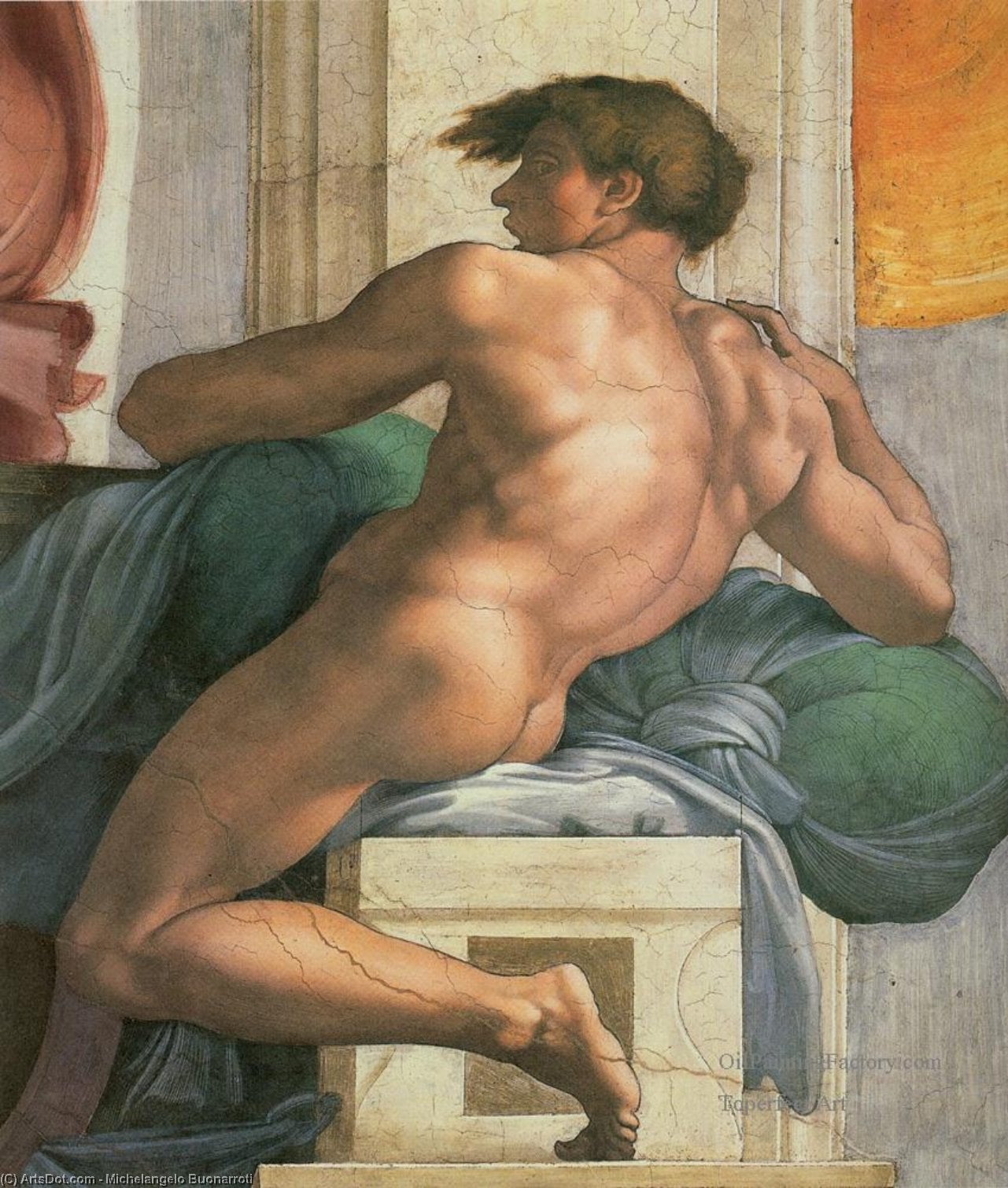 მიქელანჯელო - Sistine Chapel Ceiling Ignudi next to Separation of Land and the Persian Sybil