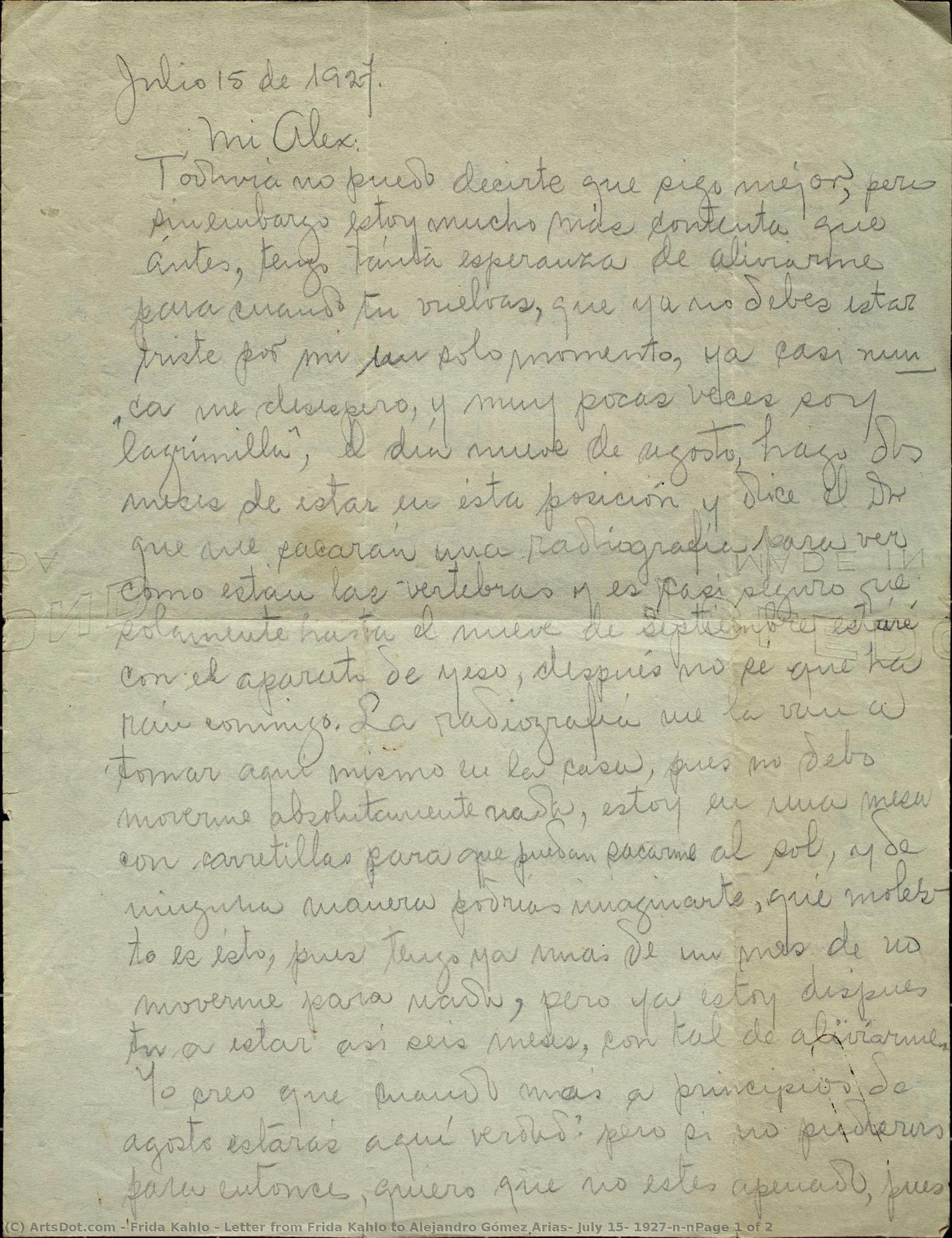 Frida Kahlo'dan Alejandro Gómez Arias'a Mektup, 15 Temmuz 1927 Sayfa 1/2 — Frida Kahlo