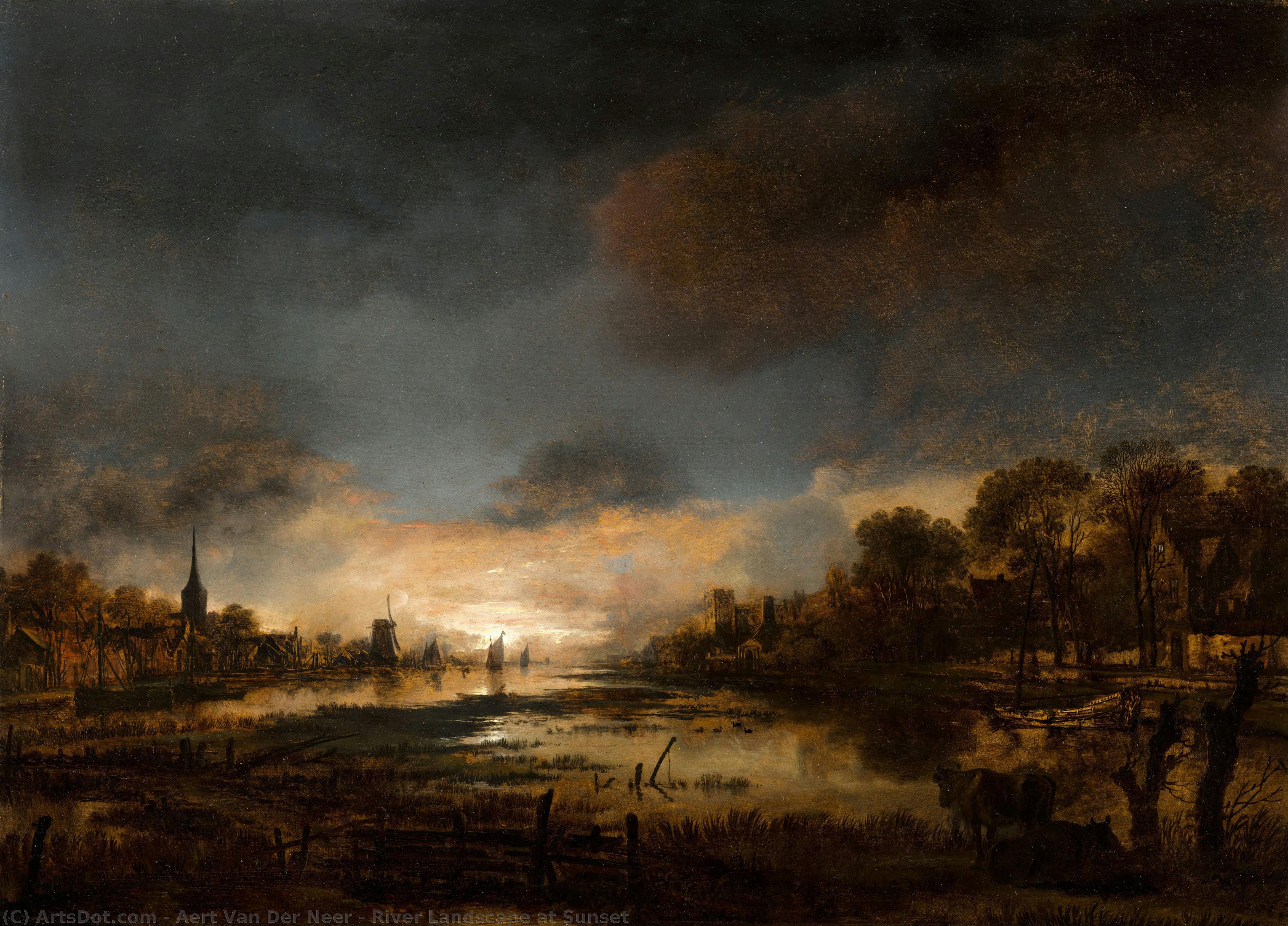 Aert van der Neer - Paisaje fluvial al atardecer