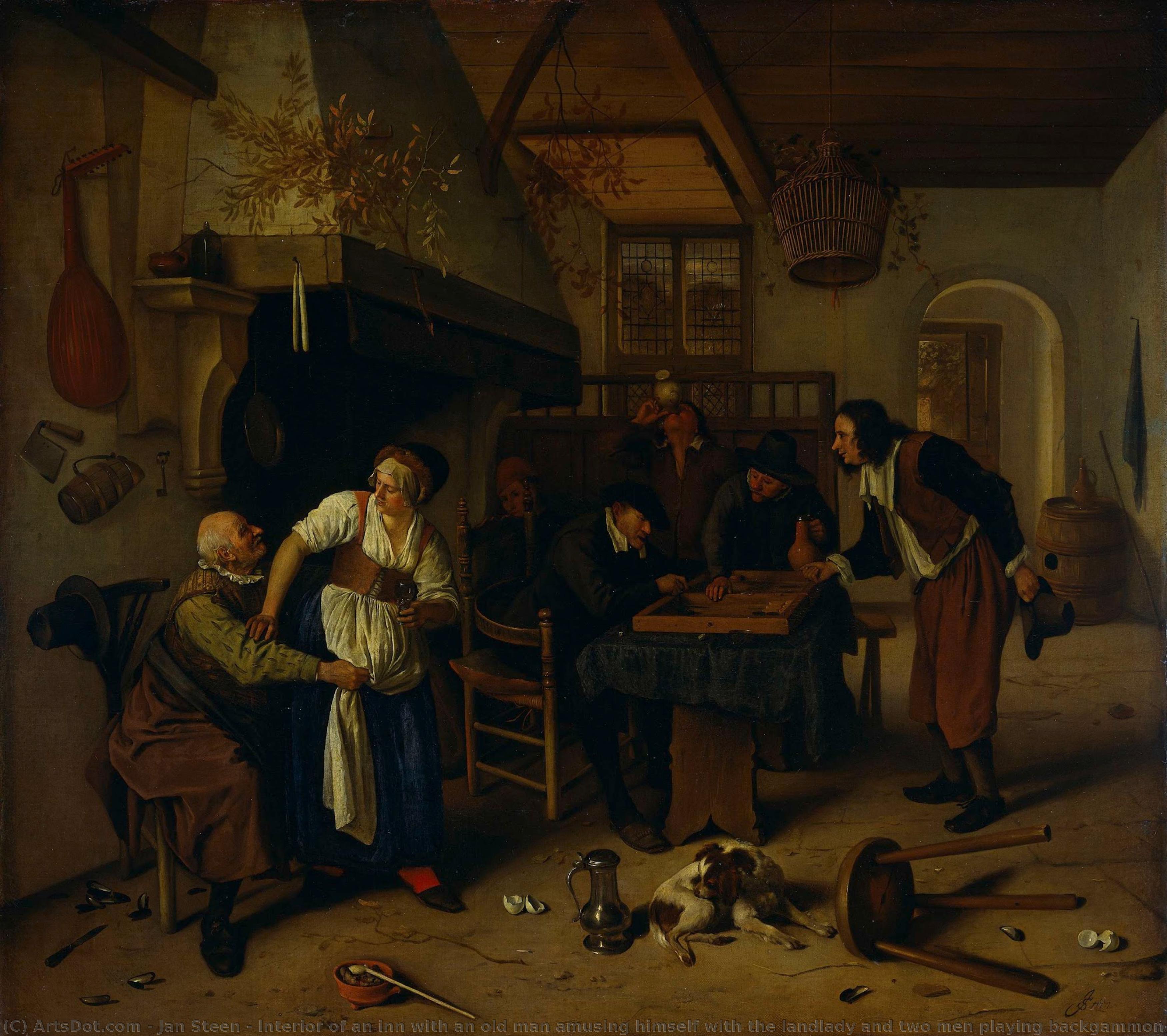 Interior Of An Inn With An Old Man Amusing Himself With The Landlady And Two Men Playing Backgammon, Known As "two Kinds Of Games", Jan Havicksz. Steen, 1660 - 1679 — Jan Havickszoon Steen