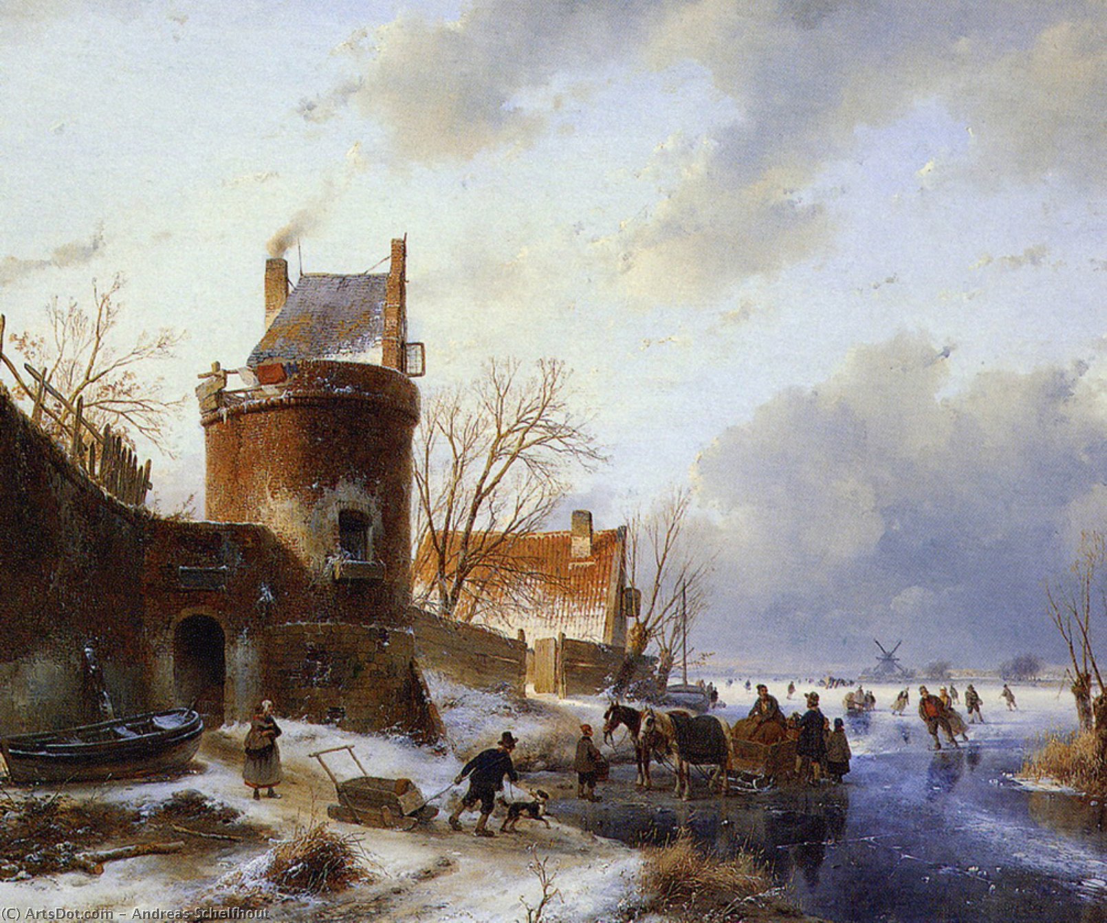 Scaters On Frozen River Sun — Andreas Schelfhout