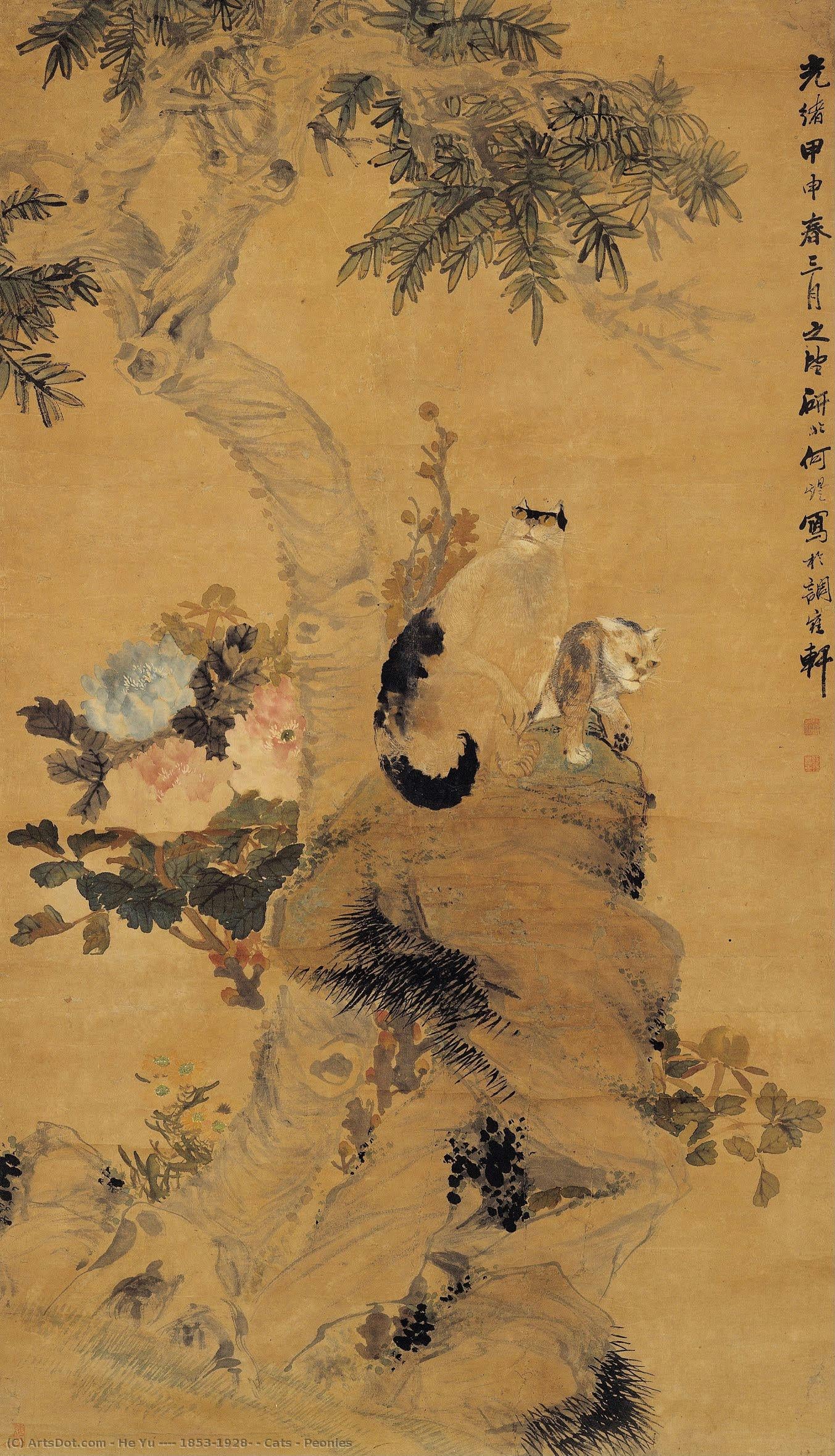 Cats & Peonies — He Yu (何煜, 1853-1928)