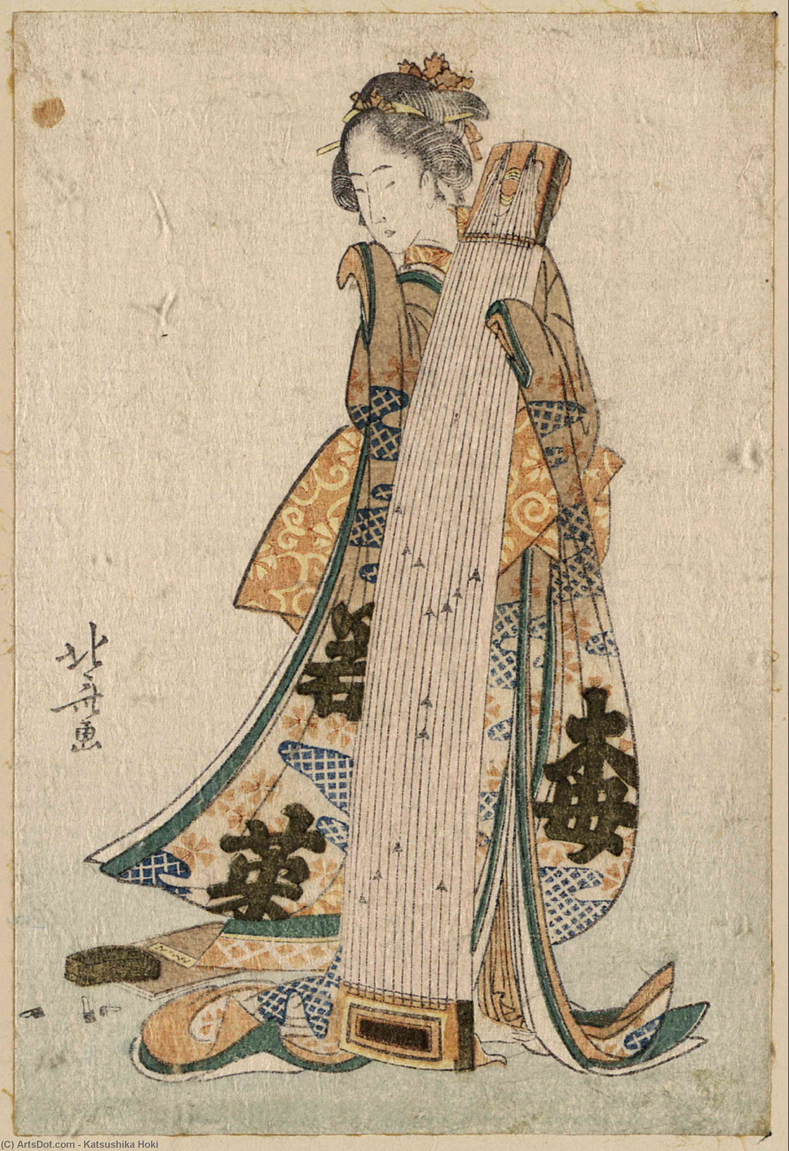 Young Maiden Holding A Zither (젊은 여인이 지타를 들고 있는 모습) — 호쿠사이