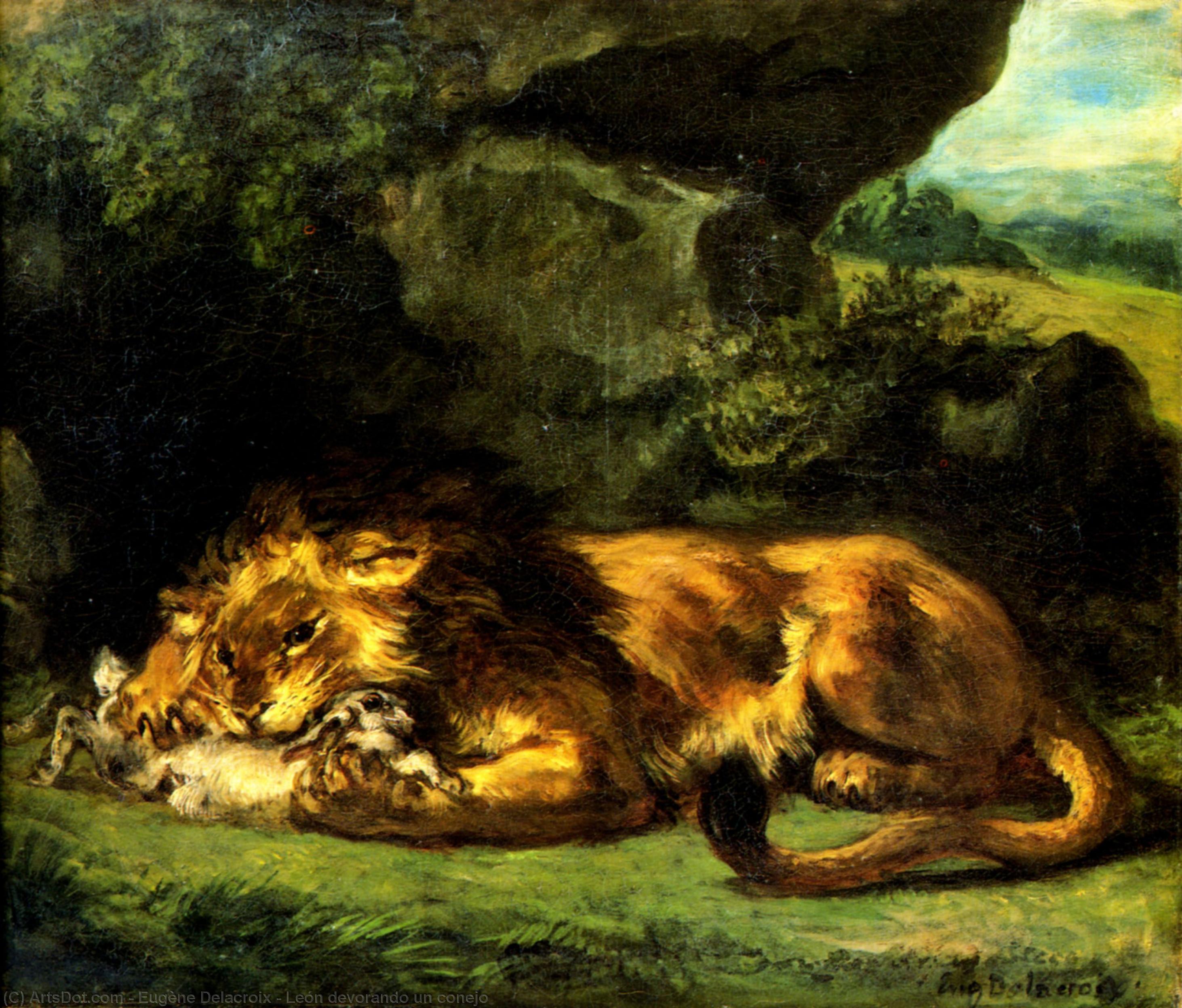 León Devorando Un Conejo — Eugène Delacroix