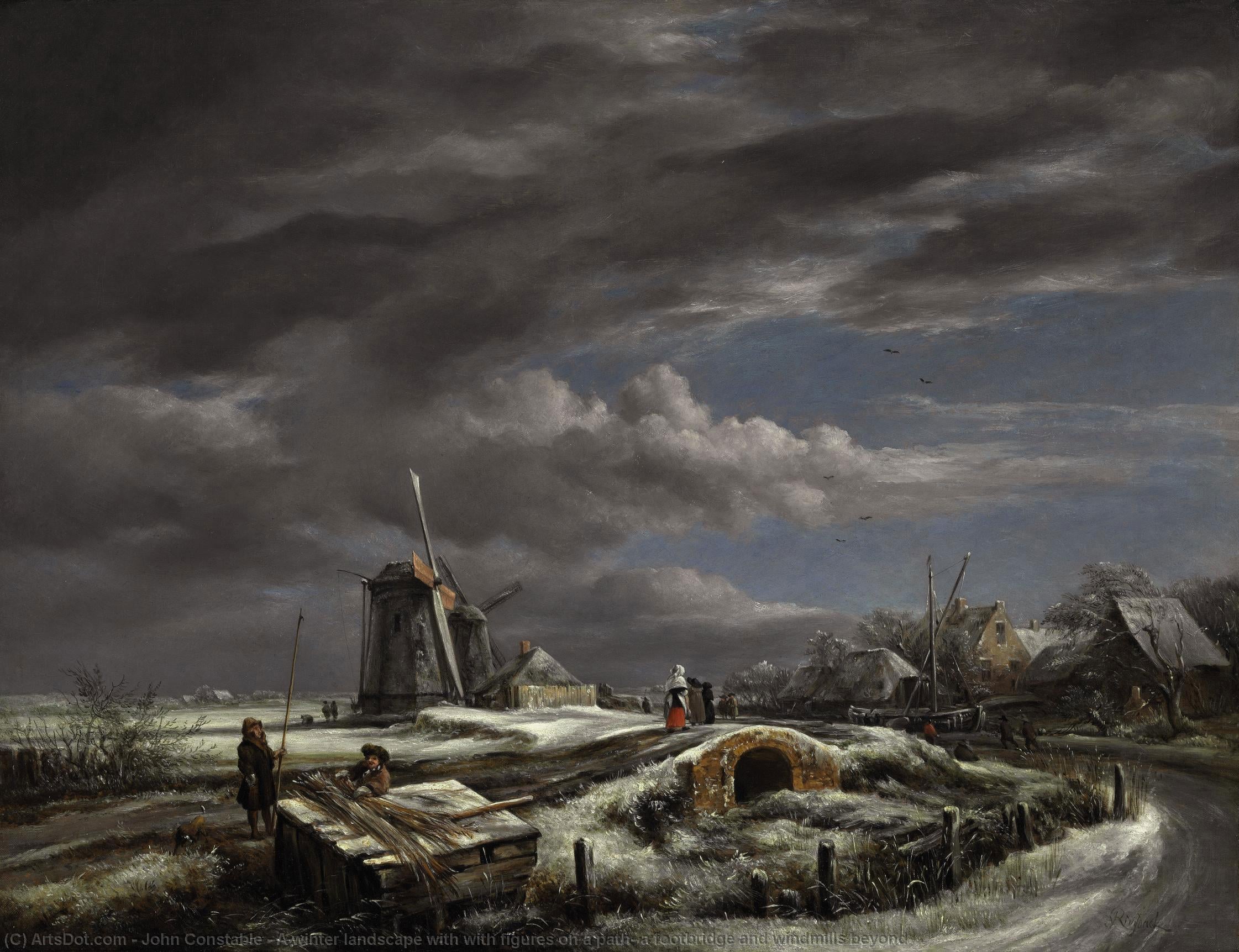 John Constable - A winter landscape with with figures on a path, a footbridge and windmills beyond