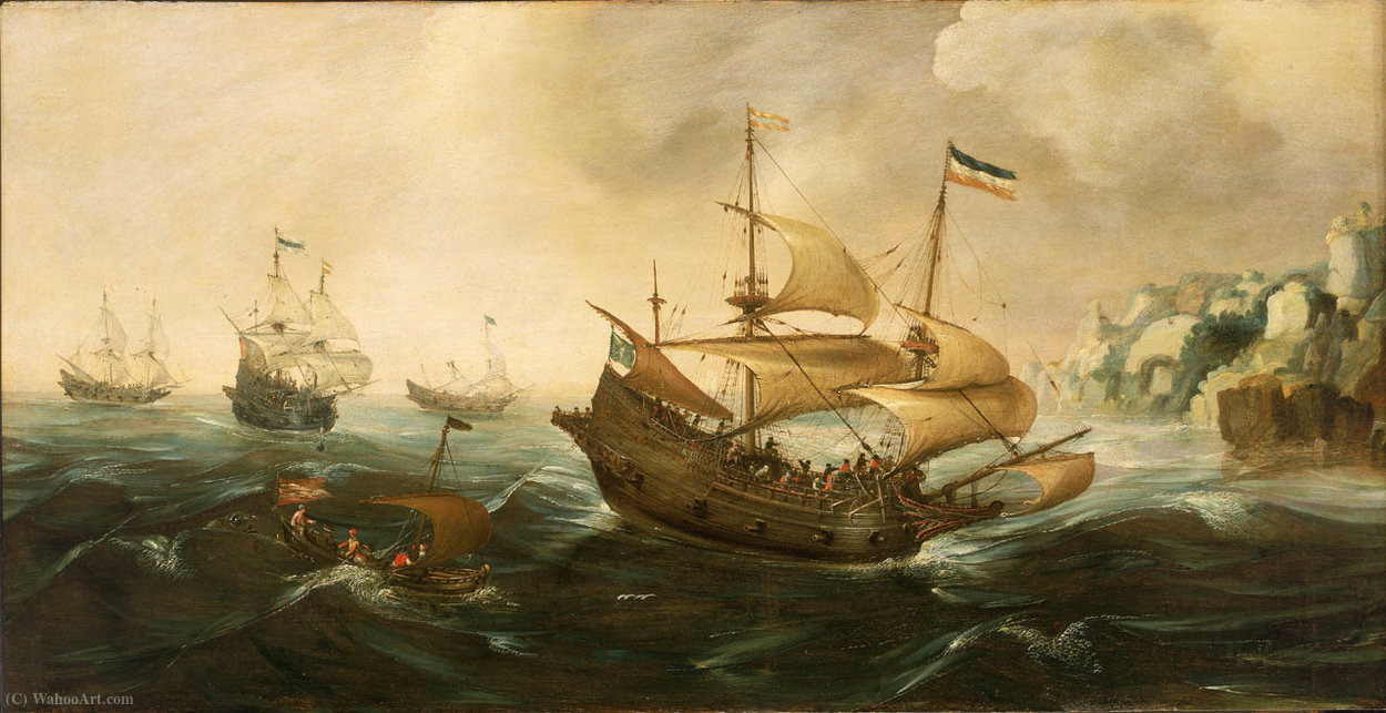 Andries Van Eertvelt - Dutch Ships sailing off a Rocky Shore