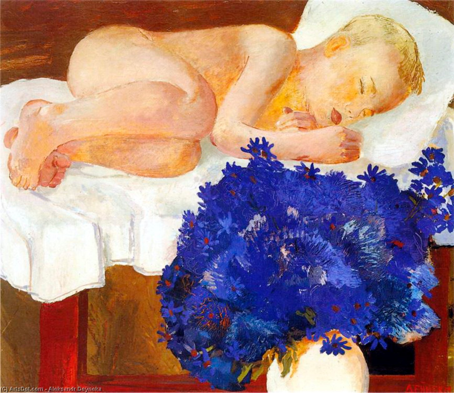 アレクサンドル・デイネカ - Sleeping baby with cornflowers