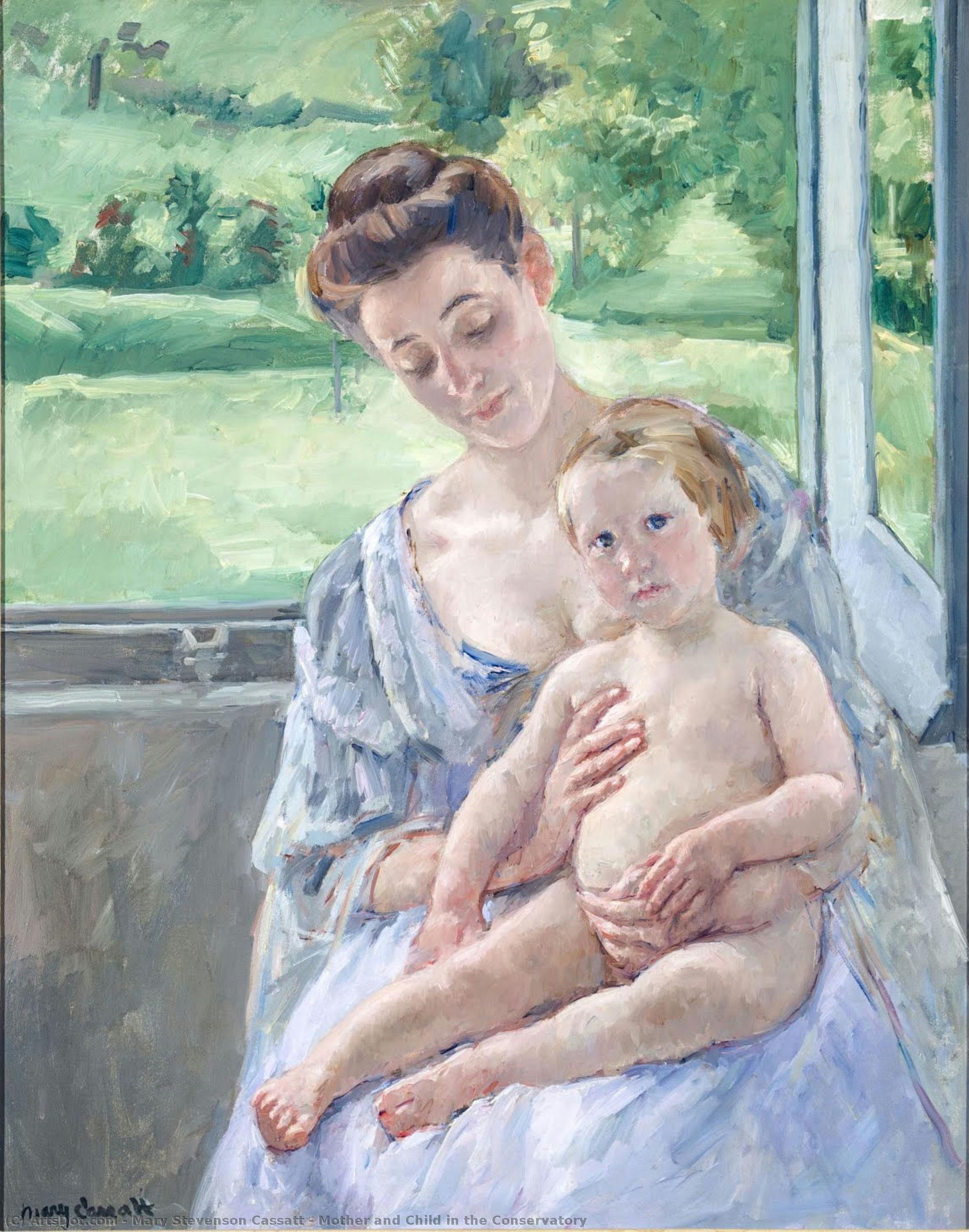 Mother And Child In The Conservatory — Mary Stevenson Cassatt, Acrylic On Canvas, Impressionism