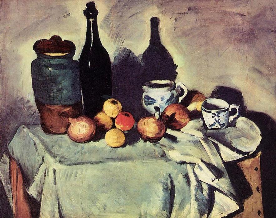 Still Life - Post, Bottle, Cup And Fruit — Paul Cézanne