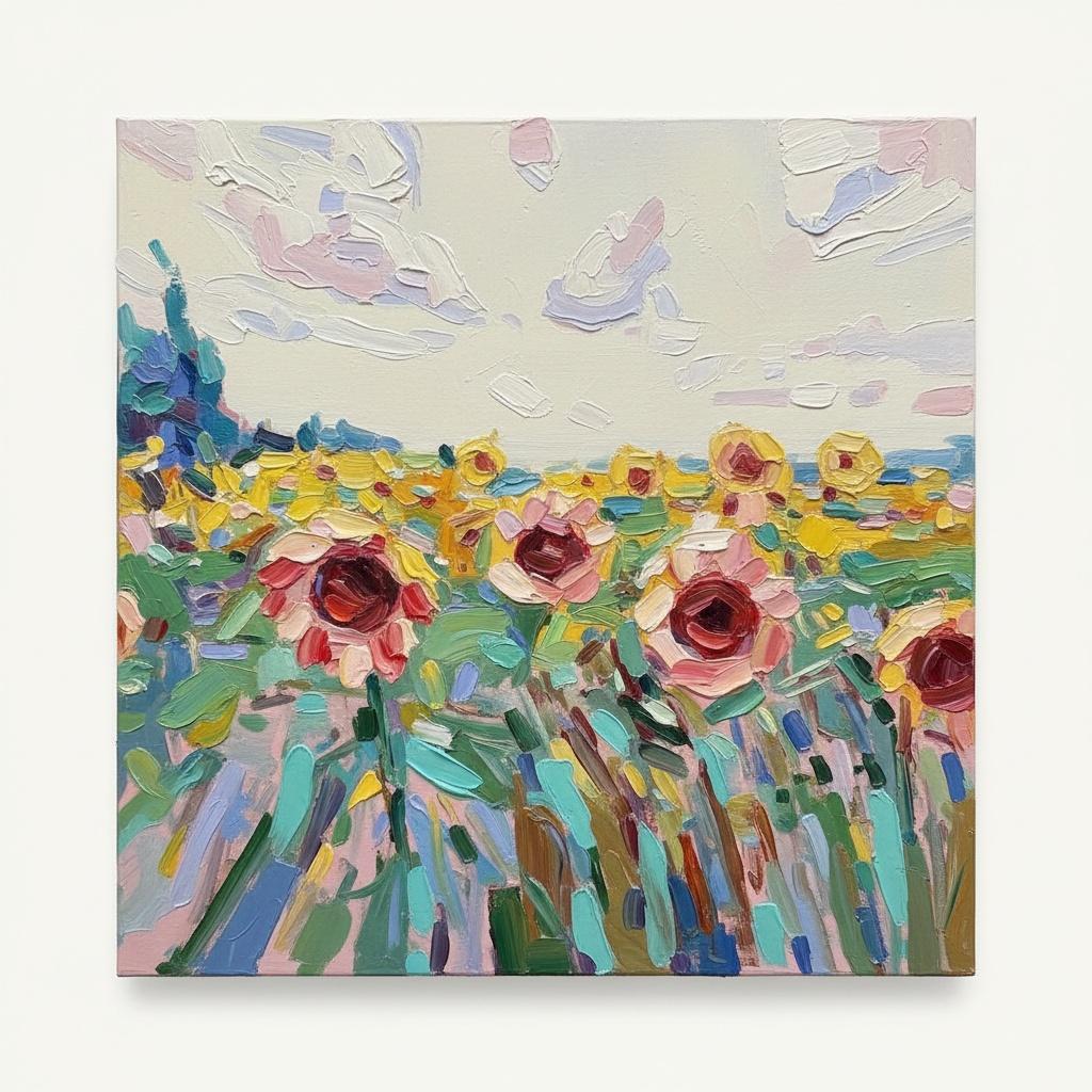 Golden Solitude: An Impasto Study Of Sunflowers Under A Serene Overcast Sky — Adrien Cordier