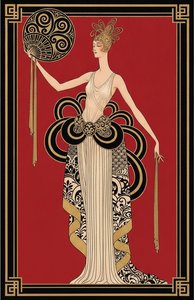 Crimson Silhouette Amidst Gilded Filigree And Ornate Black Linework — Valentin Laurent De Courcey, Art Deco