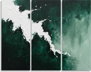 Fractured Emerald Crest: A Monumental Triptych Of Spontaneous White Impasto Motion — David Moreau