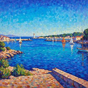 Azurblaue Gelassenheit: Eine Pointillistische Studie Des Mediterranen Hafens — Claire Dupuis