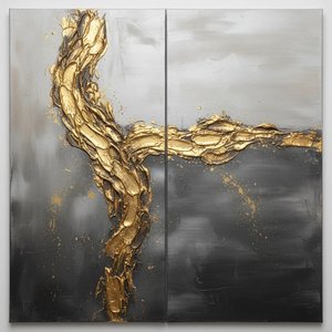 Golden Fracture: A Monumental Diptych Of Molten Light And Obsidian Shadows — Laurent Fabre, Neo-abstract Art (modern Abstract Compositions)