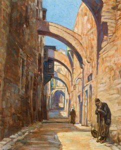 Two People In An Egyptian Street With Flying Buttresses Above — Myrtle Broome