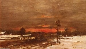 Mihály Munkácsy - a winter landscape at sunset