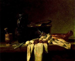 Bodegón Con Almirez, Cántaron, Y Caldero De Cobre — Jean Siméon Chardin, Rococo