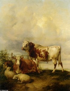 A Bull And Cow With Two Sheep And Goat — Thomas Sidney Cooper